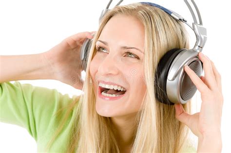 Cheerful Woman With Headphones Listen To Music Stock Photo Image Of