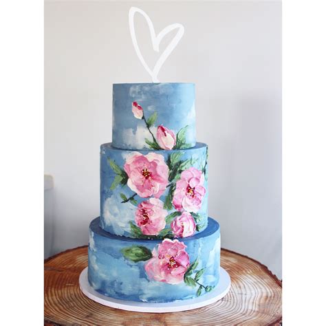 Three Tier Watercolour Flower Buttercream Cake Design Cornflower Blue