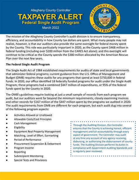 Federal Single Audit Program Taxpayer Alert By Allegheny County