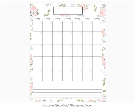 Floral Monthly Calendar Printable Blank Calendars Pink Etsy