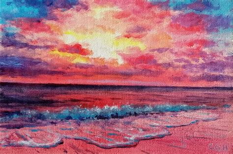 Pink Sunset Painting California Seascape Original Art Small Etsy