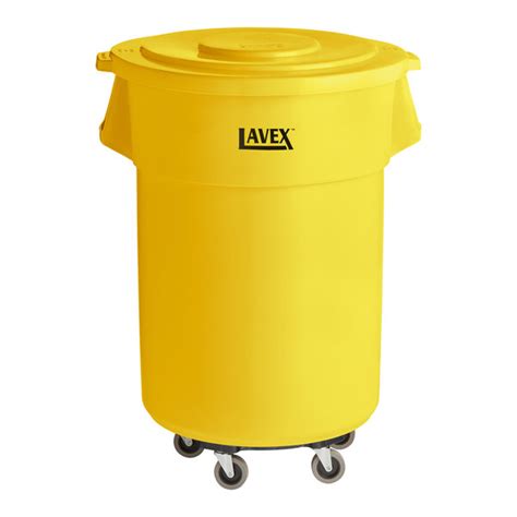 Lavex 55 Gallon Yellow Round Commercial Trash Can With Lid And Dolly