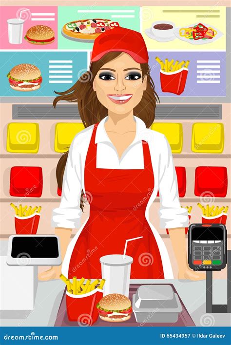 Female Cashier At Fast Food Restaurant Stock Vector Image 65434957