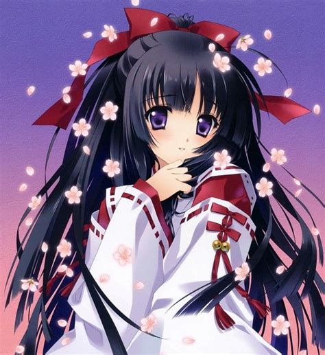 Shrine Maiden Miko With Long Black Hair And Violet Blue Eyes Wearing