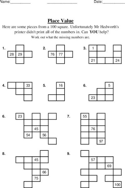 Missing Hundred Square Worksheet For 3rd 5th Grade Lesson Planet
