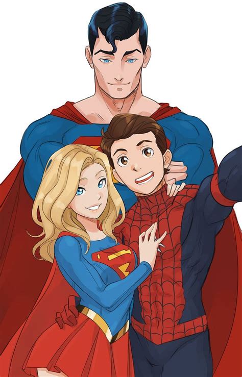 Supergirl Mit Freund Spidy Und Papa Superman Marvel Spiderman Art Cartoon Crossovers Dc