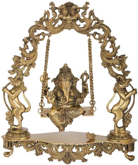 Yellow Ganesh Sitting On Carved Swing Having Yali Face Brass Statue