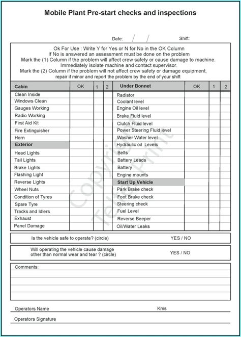 Printable Pre Trip Inspection Form Pdf Calendar Printable
