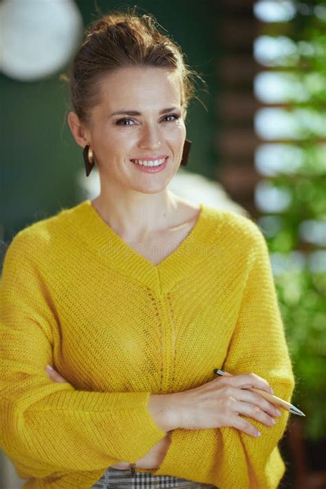 Happy Business Owner Woman In Sweater Standing In Green Office Stock Photo Image Of Head