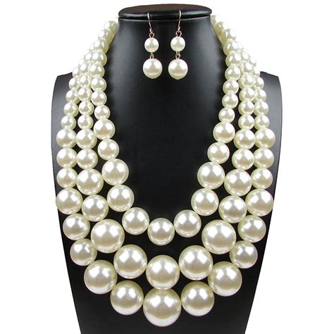 Yuhuan Faux Big White Pearl 3 Layer Chunky Necklace And Earrings Bib