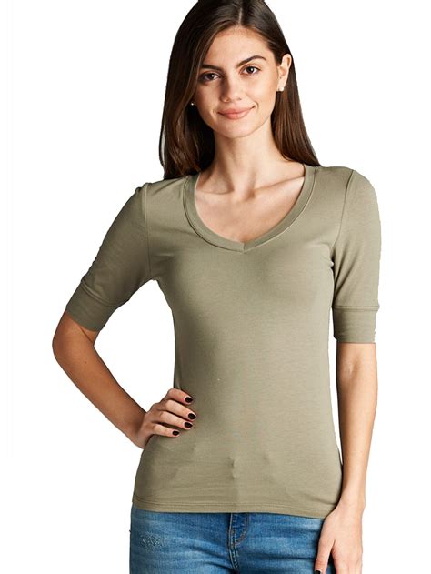Snj Womens Basic Elbow Sleeve V Neck Cotton T Shirt Plain Top Plus