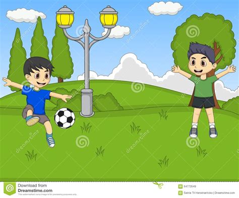El modelo de escuela del fc barcelona dirigida a niños y niñas. Niños Que Juegan A Fútbol En La Historieta Del Parque ...