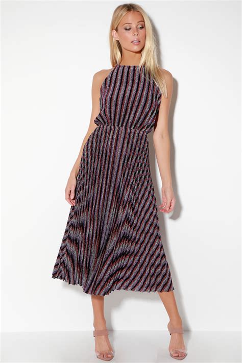 Purple Multi Striped Dress Halter Dress Pleated Midi Dress Lulus