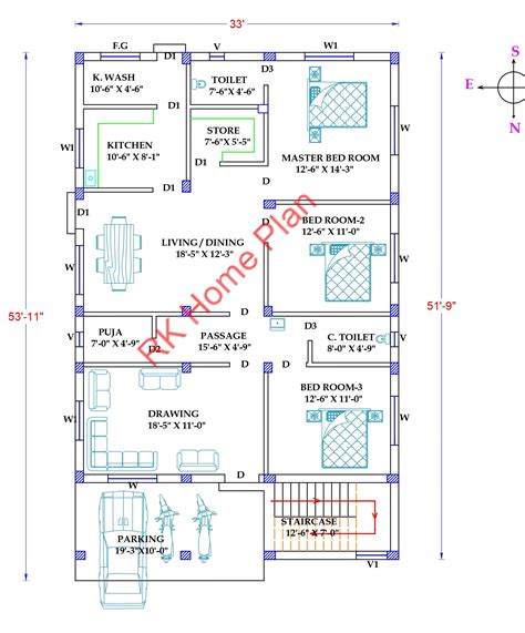 33 X 54 North Facing 3 Bhk House Plan As Per Standard Vastu Rk Home Plan