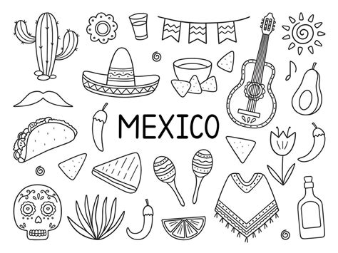 Mexico Doodle Set Elements Of Mexican Culture Maracas Poncho Cactus