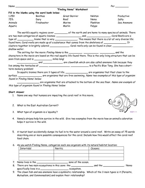 Finding Nemo Worksheet Answers
