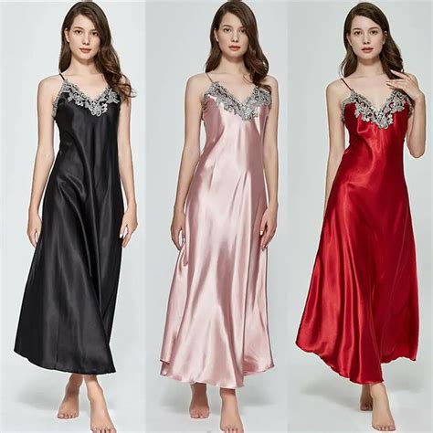 Hot Sale High Quality Women Satin Silk Lace V Neck Spaghetti Strap Night Dress Nightdress