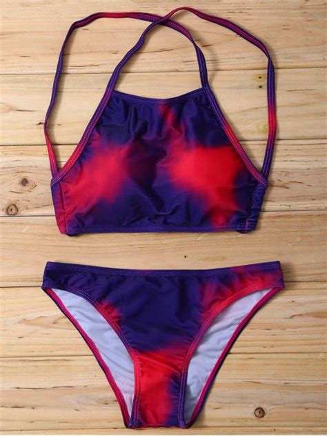 Off Halter Tie Dye Bikini Set In Purplish Red Zaful