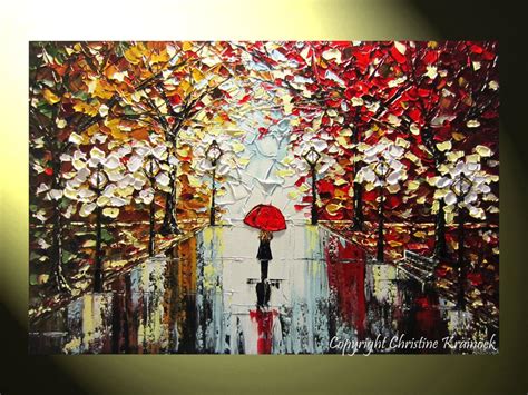 Original Art Abstract Painting Trees Girl Red Umbrella Rain