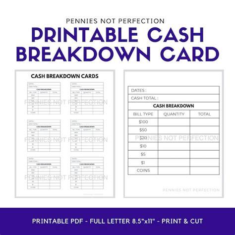 Printable Cash Breakdown Card Cash Breakdown Count Sheet Etsy