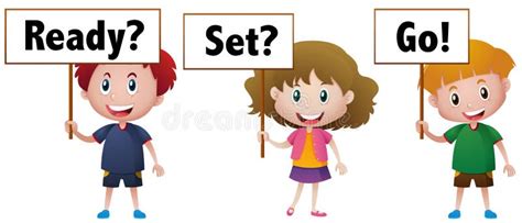 Three Kids with Sign Ready Set Go Stock Vector - Illustration of