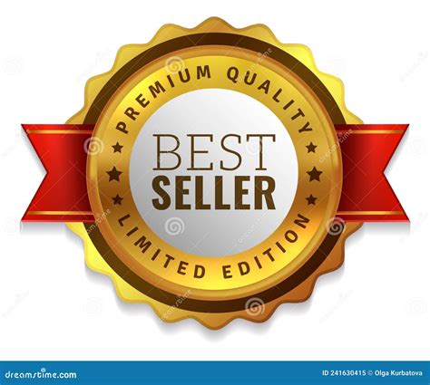 Best Seller Badge On Red Ribbon Golden Quality Label Stock Vector
