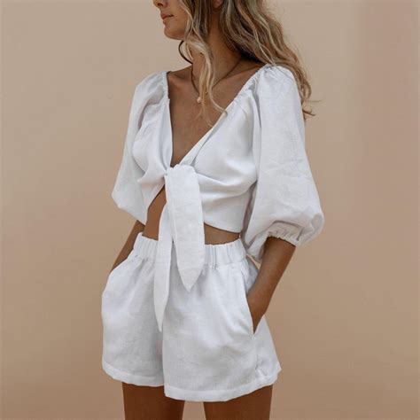 New White Two Piece Summer Set V Neck Crop Top Shorts Oversized Romper