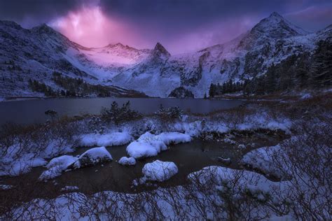 Landscape Nature Mountain Lake Sunset Winter Snow Frost Sunlight Trees Shrubs Cold