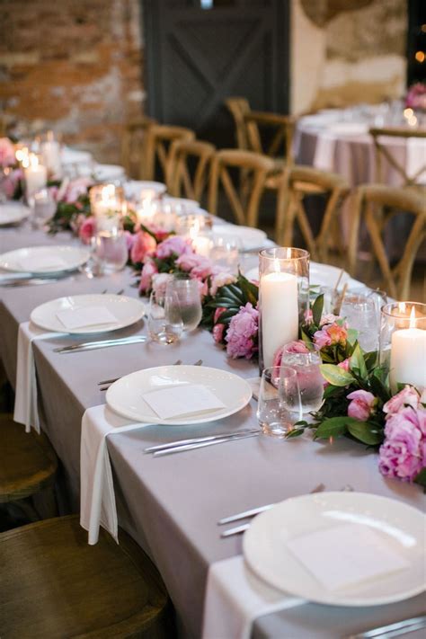 A Simple And Chic Grey And Pink Garden Wedding Pink Table Decorations