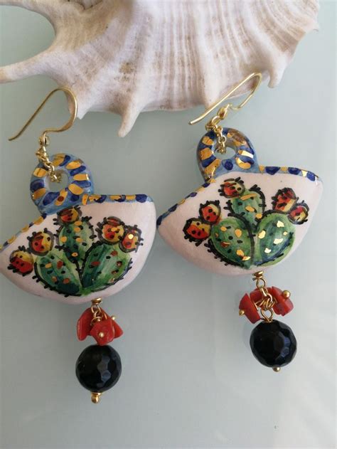Caltagirone Ceramic Earrings Coral And Drop Pearls Sicilian Etsy