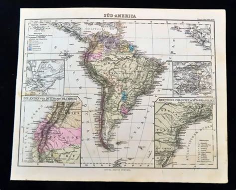 1876 Antique Map Of South America German Colonies Brazil Hand Coloured