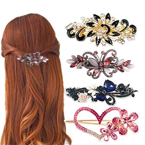 4 Packs Heart Shaped Crystal Butterfly Flower Vintage Hair Barrettes