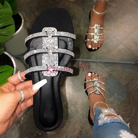 Shiny Silver Slide Sandals Rhinestone Womens Open Toe Sandals