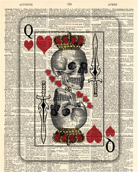 Skull Queen Of Hearts Playing Card Upcycled Vintage Book Page Etsy