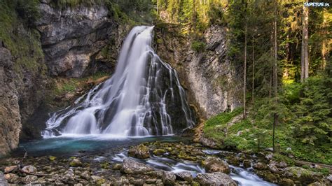 Wodospad Gollinger Waterfall Rzeka Kamienie Skały Las Drzewa