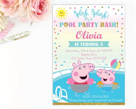 Customized Peppa Pig Pool Party Digital Printable Birthday Etsy