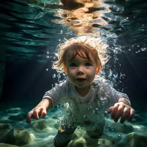 Premium Photo Adorable Baby Swimming Underwater Diving Young Swim Water