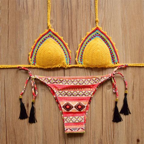 Summer Sexy Halter Handmade Crochet Bikini Women Swimwear Knitting Swimsuit Floral Print Tassel
