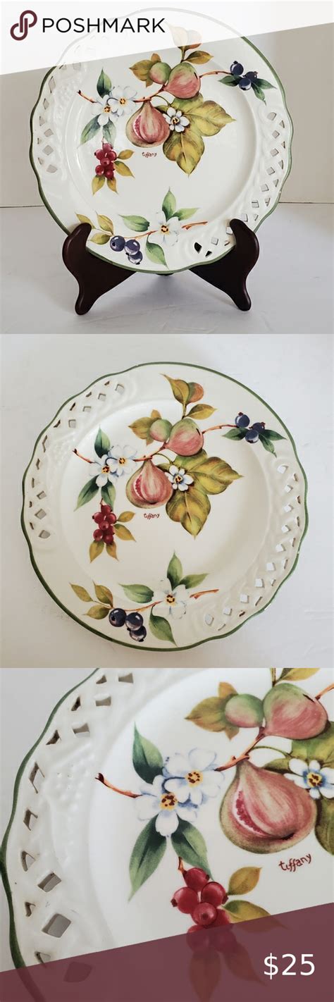 Vintage Brunelli Tiffany Italian Ceramic Fruit Floral Lattice