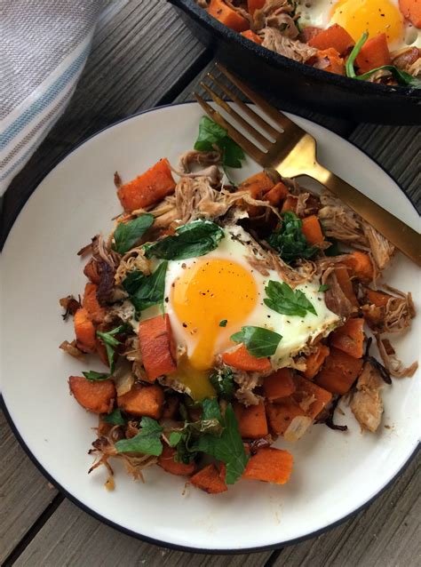 Pulled Pork Sweet Potato And Spinach Hash Pickled And Poached