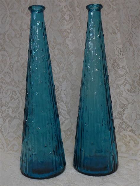 Pair Of Vintage Tall Blue Glass Vases Bamboo Design Made In Italy 15 Tall Blue Glass Vase