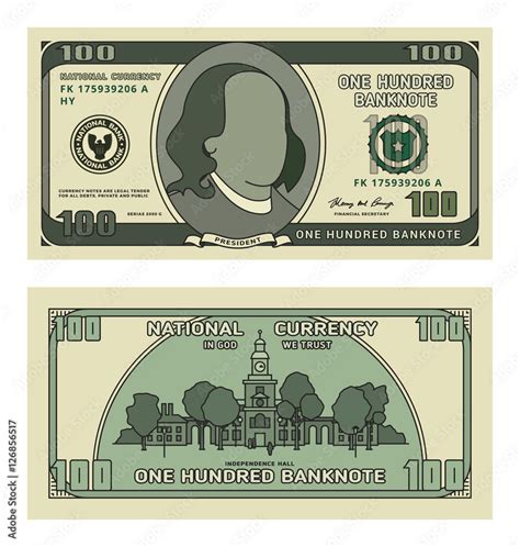 Cartoon Currency Us Dollar Banknote Backside Of One Hundred American Money Bill Vector