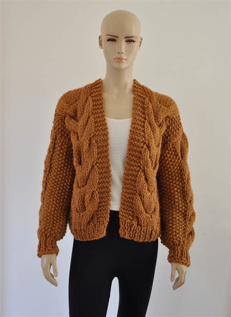Brown Chunky Women Cardigan Bomber Jacket Coat Hand Knit Cozy Warm
