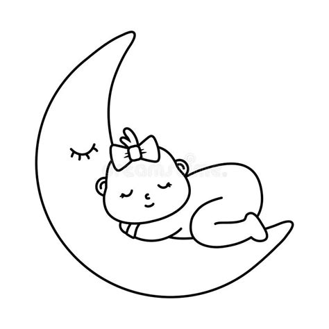Baby Sleeping On The Moon In Black And White Stock Vector