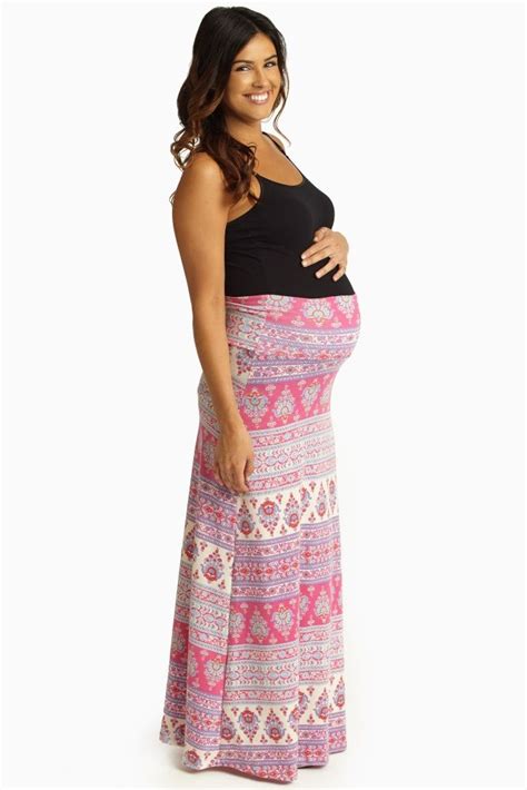 pink multi colored bohemian print maternity maxi skirt stylish maternity outfits maternity