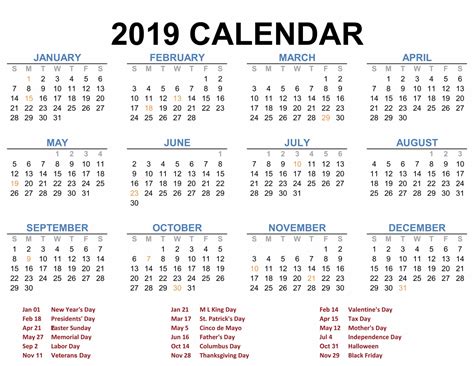 2019 Yearly Calendar Template Word