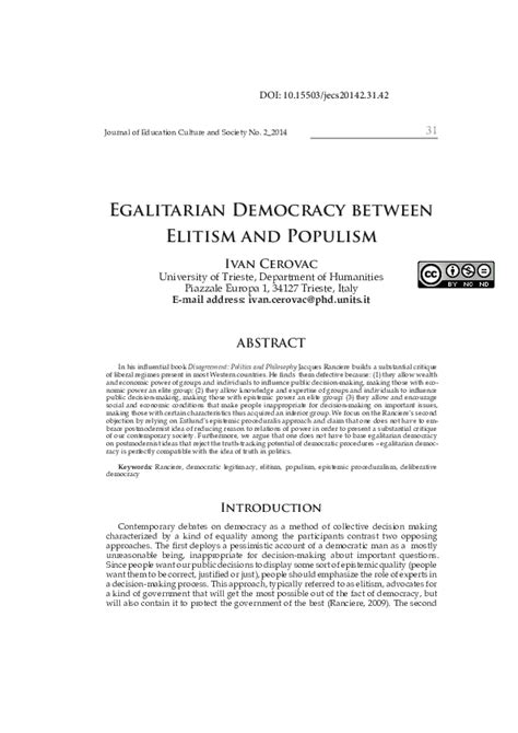 Pdf Egalitarian Democracy Between Elitism And Populism Ivan Cerovac