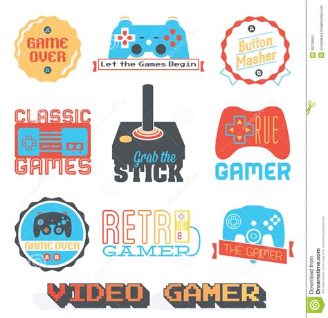 Adelante, ingrese el nombre de su empresa y obtenga sus diseños de logotipos de juegos gratis. Vector Stock: Retro Video Game Shop Labels Stock Vector ...