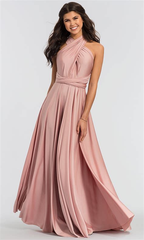 Halter necklines are great for bridesmaids' with small busts who want to accentuate their pretty arms and shoulders. Kleinfeld Convertible-Bodice Long Bridesmaid Dress