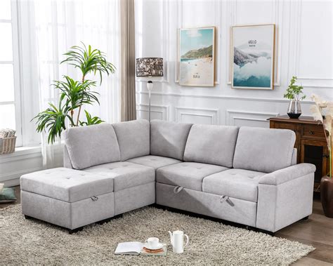 Buy Merax 86 Linen Reversible Sectional Couch With Pull Out Sleeper L